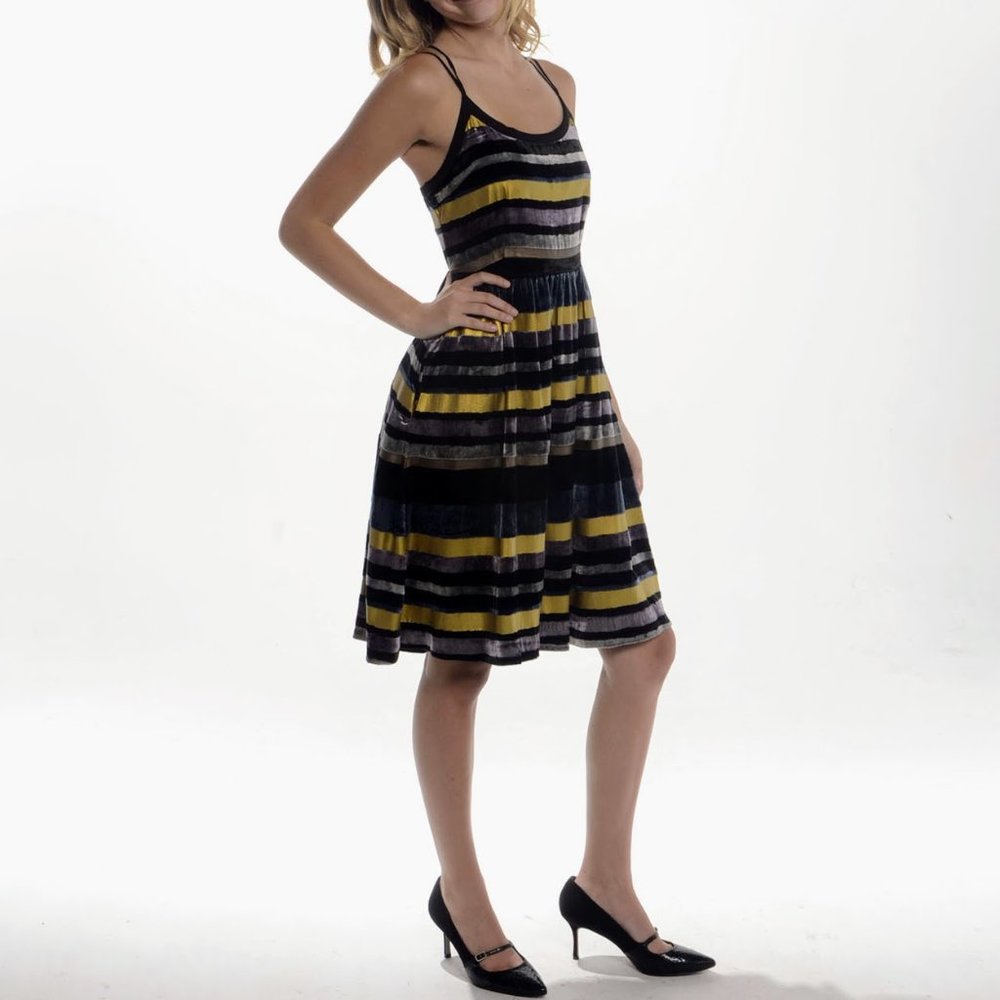 Anthropologie Wolven Ada Velvet Black, Gold Metallic Striped Midi Dress Size: 2